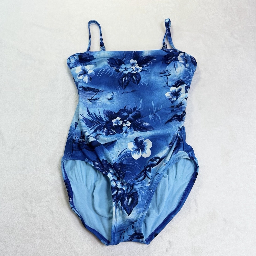 VTG 90s Y2K Land's End Blue Hibiscus Floral Swimsuit Soft Lining Canada 12